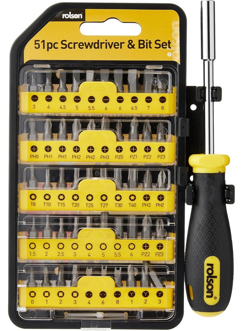 Rolson 28429 51-Piece Screwdriver and Bit Set – Soft Rubber Handle Driver with 50 CrV 25mm Bits for DIY, Home & Workshop Use
