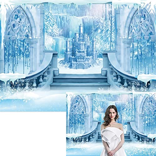 Eainb 7x5ft Winter Castle Photography Backdrop, Blue Vinyl, Perfect for Wedding, Baby Shower, Birthday, Winter Outdoor Photography, Party Decorations - Image 1