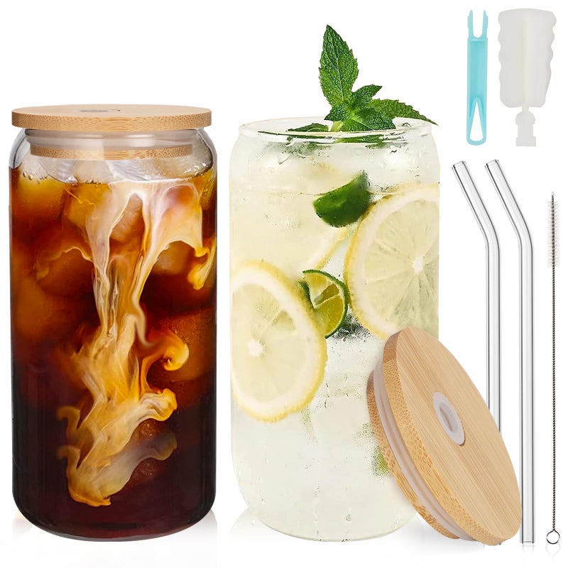 UHAPEER 2 Pack Can Shaped Drinking Glasses with Bamboo Lids and Straws 19oz550ml Glass Bamboo Cups Beer Can Glasses Iced Coffee Glasses Cups Ideal for Water Cocktail Whiskey Soda Beer