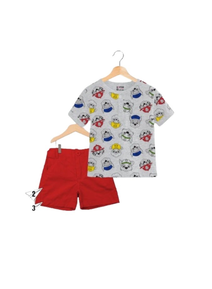 Boys' set: gray T-shirt with a drawing and red shorts