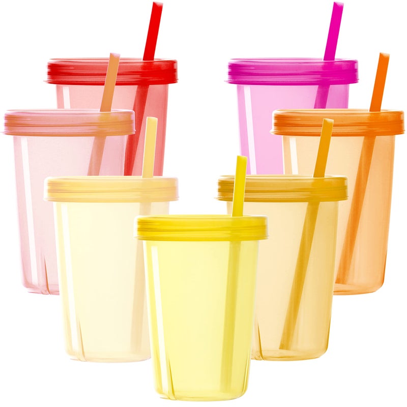 Youngever 7 Sets Plastic Kids Cups with Lids and Straws 7 Reusable Toddler Cups with Straws in 7 Pink Colors