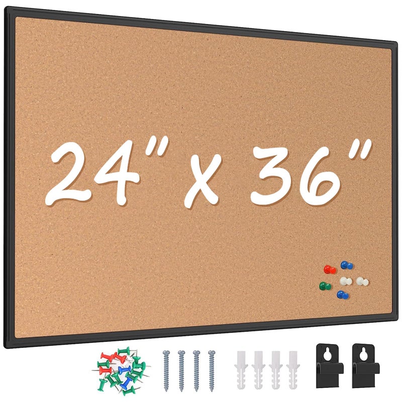 Board2by Cork Board Bulletin Board 24 x 36 Black Aluminium Framed 2 x 3 Corkboard Office Board for Wall Cork Large Wall Mounted Notice Pin Board with 16 Push Pins for School Home Office