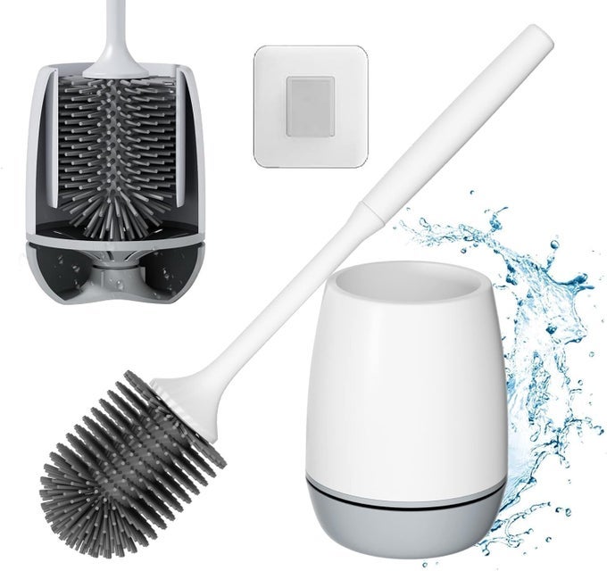 SILICONE TOILET BRUSH WITH HOLDER WALL MOUNTED FREE STAND LONG HANDLE BATHROOM SLEEK TOILET BOWL CLEANER BRUSH WITH STAND POT COMMODE BATHROOM FLOOR CLEANING SCRUBBER BRUSHES