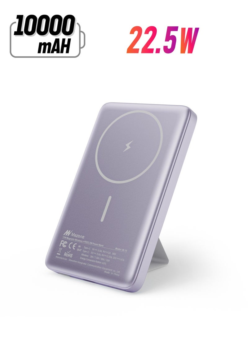 Mezone 10000mAh Magnetic Powerbank, Wireless Portable Charger Fast Charging, PD 22.5W Wired Charging, iPhone Magnetic Charger Battery Pack for iPhone 15/14/13/12 Series, Metallic Light Purple - Image 1