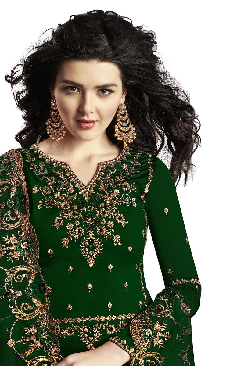 THE 9192 Women's Semi Stitched Embroidered Kurta Sharara Set Heavy Work Georgette Kurta Sharara Dupatta Set (Green) - Image 3
