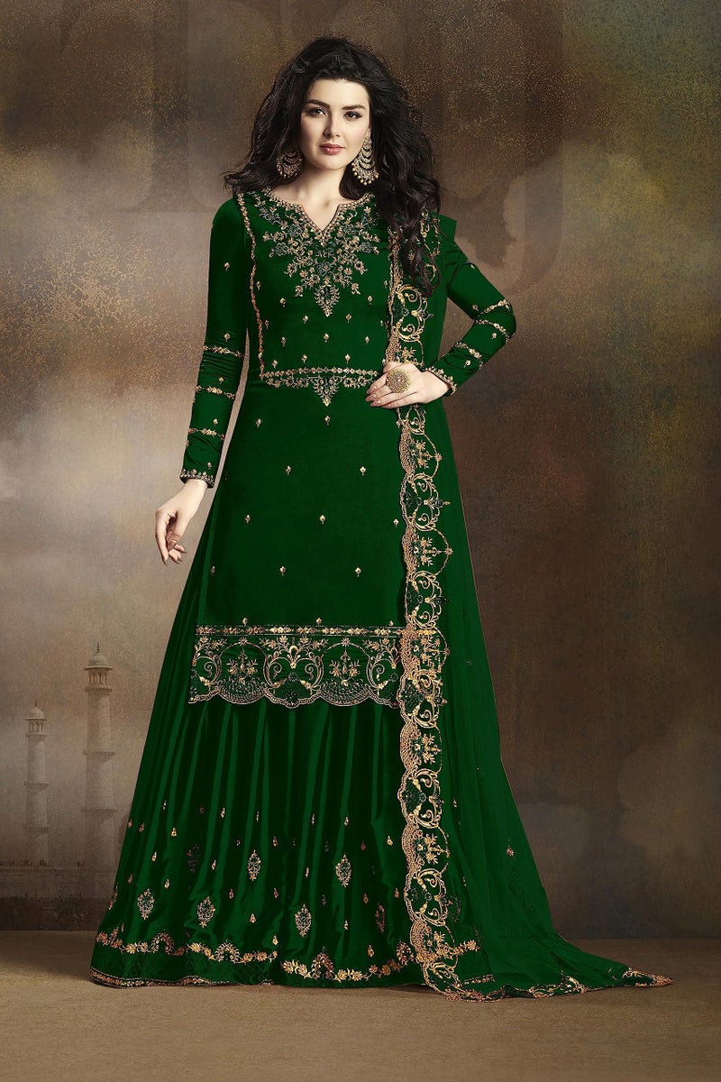 THE 9192 Women's Semi Stitched Embroidered Kurta Sharara Set Heavy Work Georgette Kurta Sharara Dupatta Set (Green) - Image 4