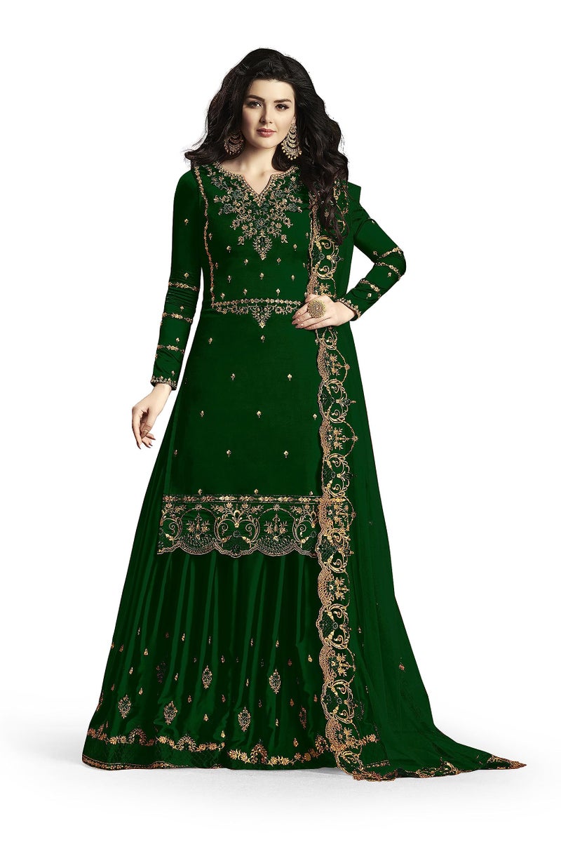 THE 9192 Women's Semi Stitched Embroidered Kurta Sharara Set Heavy Work Georgette Kurta Sharara Dupatta Set (Green) - Image 1