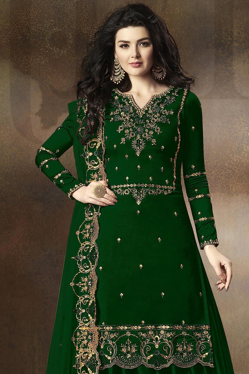 THE 9192 Women's Semi Stitched Embroidered Kurta Sharara Set Heavy Work Georgette Kurta Sharara Dupatta Set (Green) - Image 5