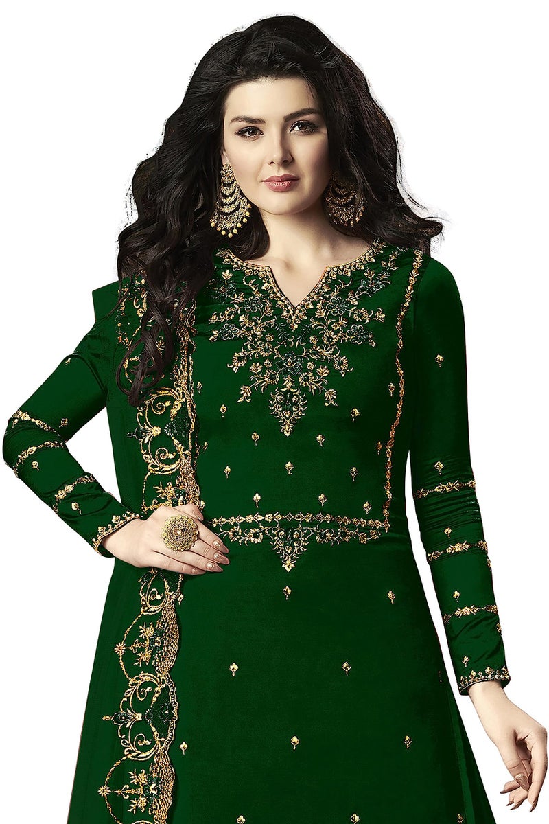THE 9192 Women's Semi Stitched Embroidered Kurta Sharara Set Heavy Work Georgette Kurta Sharara Dupatta Set (Green) - Image 2