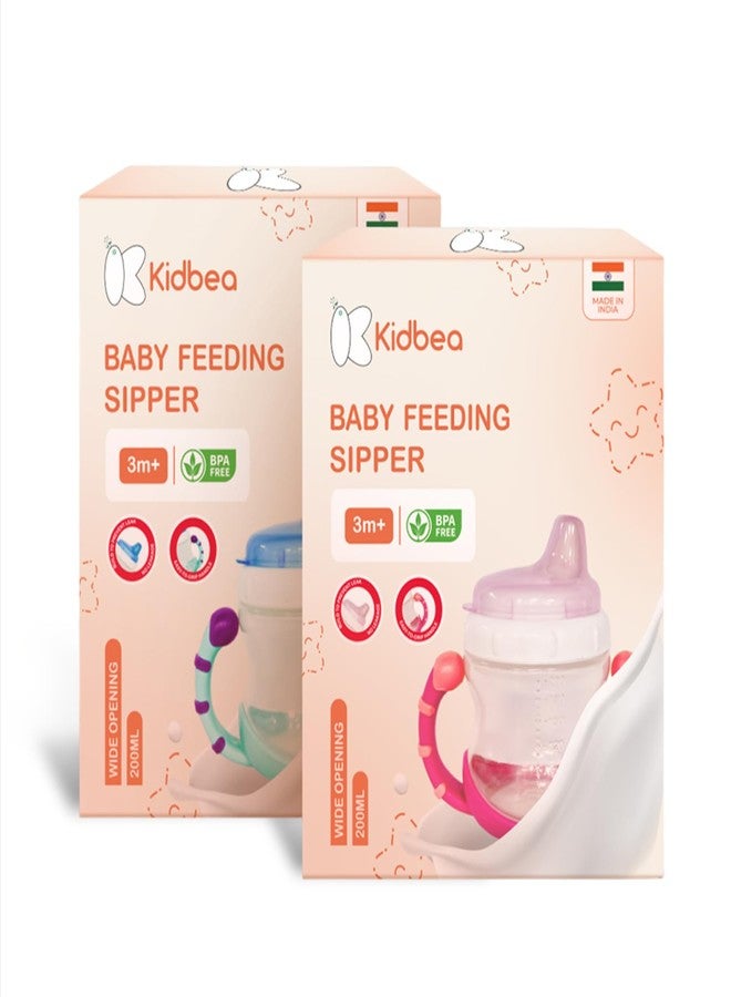 Kidbea® Baby Feeding Sipper Cup Bottle | 200ml Wide Neck, Soft Silicone Spout, Anti-Spill, Dual Grip Handles & BPA Free | Pack of 2 (Blue & Pink) - Image 1
