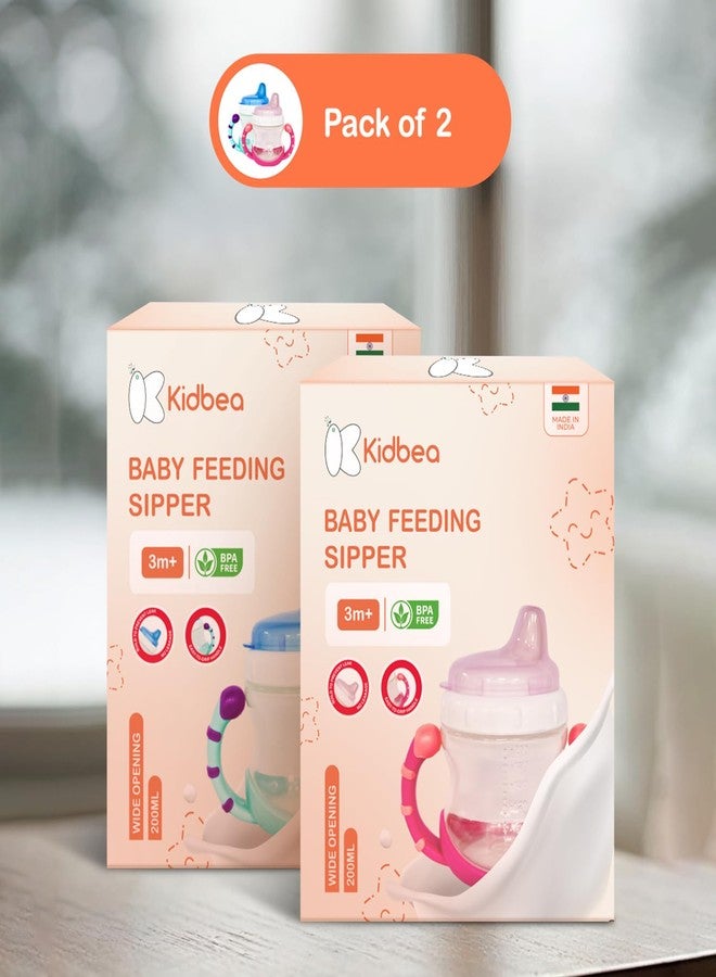 Kidbea® Baby Feeding Sipper Cup Bottle | 200ml Wide Neck, Soft Silicone Spout, Anti-Spill, Dual Grip Handles & BPA Free | Pack of 2 (Blue & Pink) - Image 2