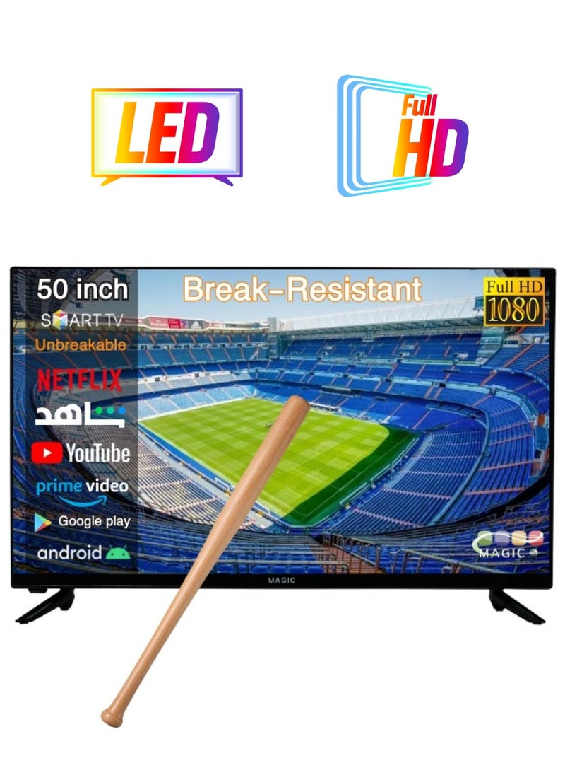Magic 50 Inch | Frameless | Break-Resistant | Full HD | Smart LED TV | Built-in DVB-T2/S2 Receiver | Android 14 | Multilanguage OSD | WiFi | Shahid | Netflix | Amazon Prime | YouTube | Free Wall Mount | MG50V030FSBT2B-14 | Magic World  - Image 1