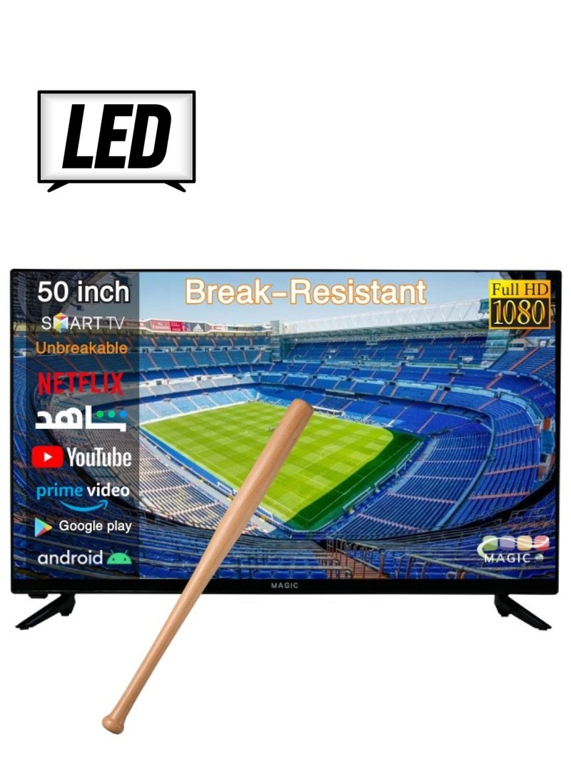 Magic 50 Inch | Frameless | Break-Resistant | Full HD | Smart LED TV | Built-in DVB-T2/S2 Receiver | Android 14 | Multilanguage OSD | WiFi | Shahid | Netflix | PrimeVideo | YouTube | Free Wall Mount | MG50V030FSBT2B-14 | Magic World  - Image 1