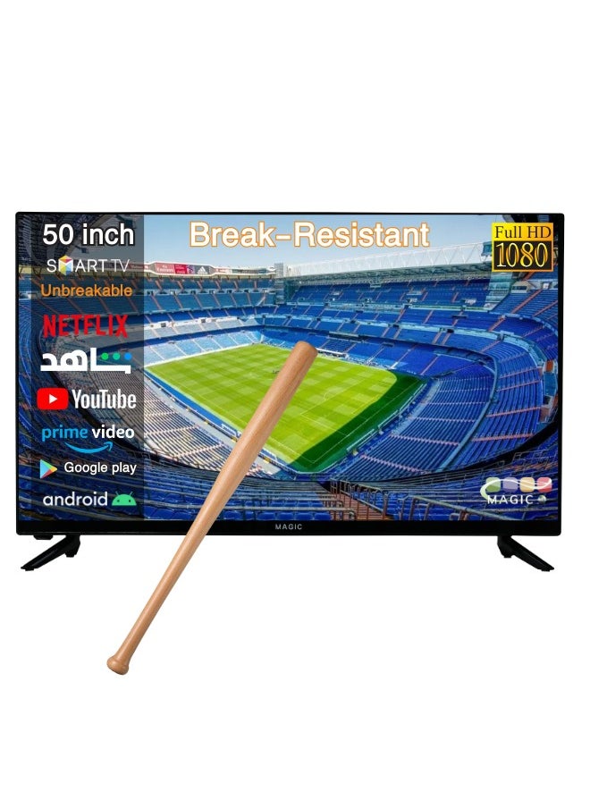 Magic - 50 Inch | Frameless | Break-Resistant | Full HD | Smart LED TV | Built-in DVB-T2/S2 Receiver | Android 14 | Multilanguage OSD | WiFi | Shahid | Netflix | Amazon Prime | YouTube | Free Wall Mount | MG50V030FSBT2B-14 | Magic World - Image 1