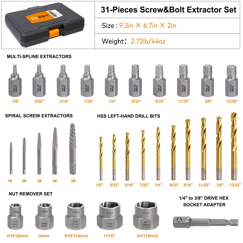 REBRA Screw Extractor Set, 37# Cr-Mo & 6542 HSS Steel Cobalt Left-Hand Drill Bit, Easy Out Broken Bolt Remover Reverse, Ez Out Stripped, Rounded-Off, Damaged Bolts, Screws&Studs Removal Tool (31-Pieces) - Image 2