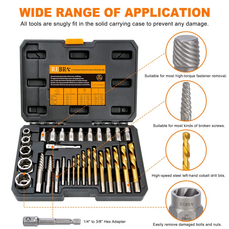REBRA Screw Extractor Set, 37# Cr-Mo & 6542 HSS Steel Cobalt Left-Hand Drill Bit, Easy Out Broken Bolt Remover Reverse, Ez Out Stripped, Rounded-Off, Damaged Bolts, Screws&Studs Removal Tool (31-Pieces) - Image 4