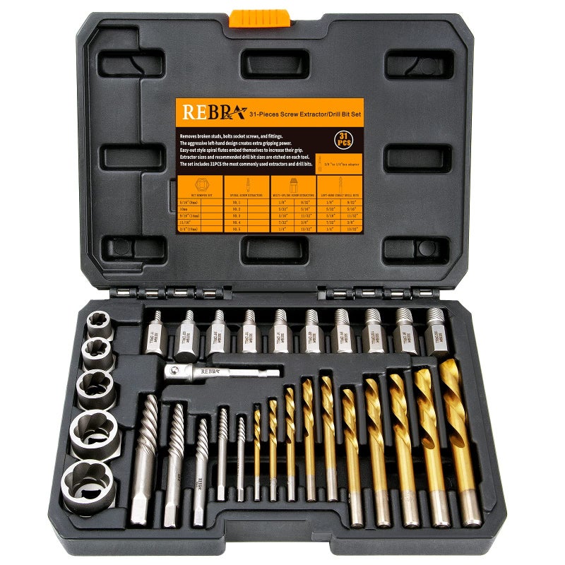 REBRA Screw Extractor Set, 37# Cr-Mo & 6542 HSS Steel Cobalt Left-Hand Drill Bit, Easy Out Broken Bolt Remover Reverse, Ez Out Stripped, Rounded-Off, Damaged Bolts, Screws&Studs Removal Tool (31-Pieces) - Image 1
