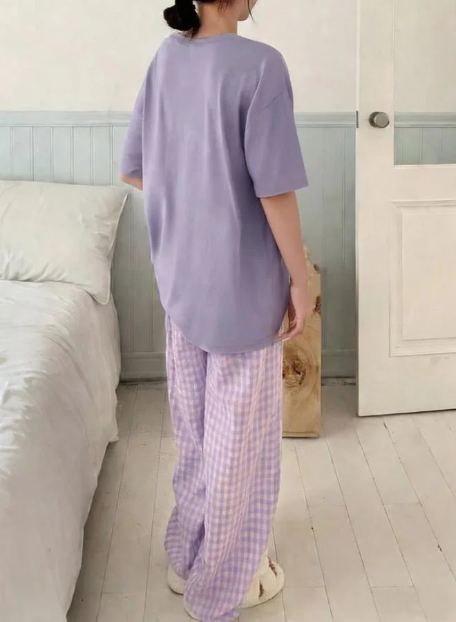 تايك تو Solid Short Sleeve T-Shirt and Checked Pyjama Set