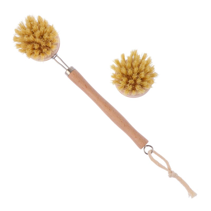 2 Piece Long Handle Cleaning Brush Set Palm Wood PET Fiber Bristles For Kitchen And Bathroom - Image 2