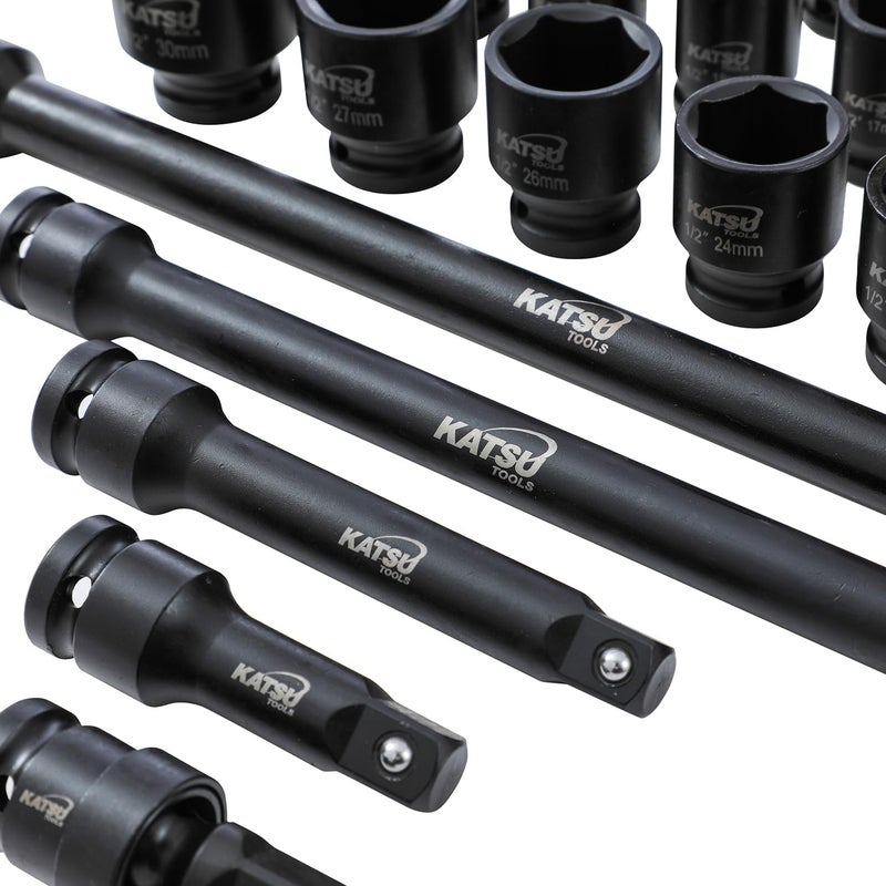 KATSU Tools 43 PCs Heavy Duty Impact Socket Set 1/2" Drive 6-Point 9-30mm - Image 2