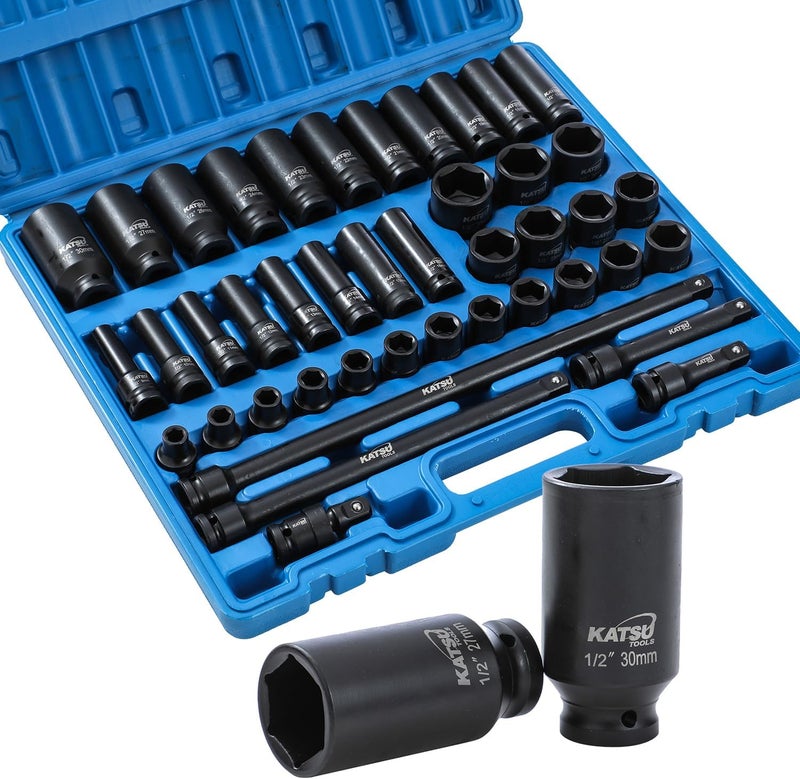 KATSU Tools 43 PCs Heavy Duty Impact Socket Set 1/2" Drive 6-Point 9-30mm - Image 5