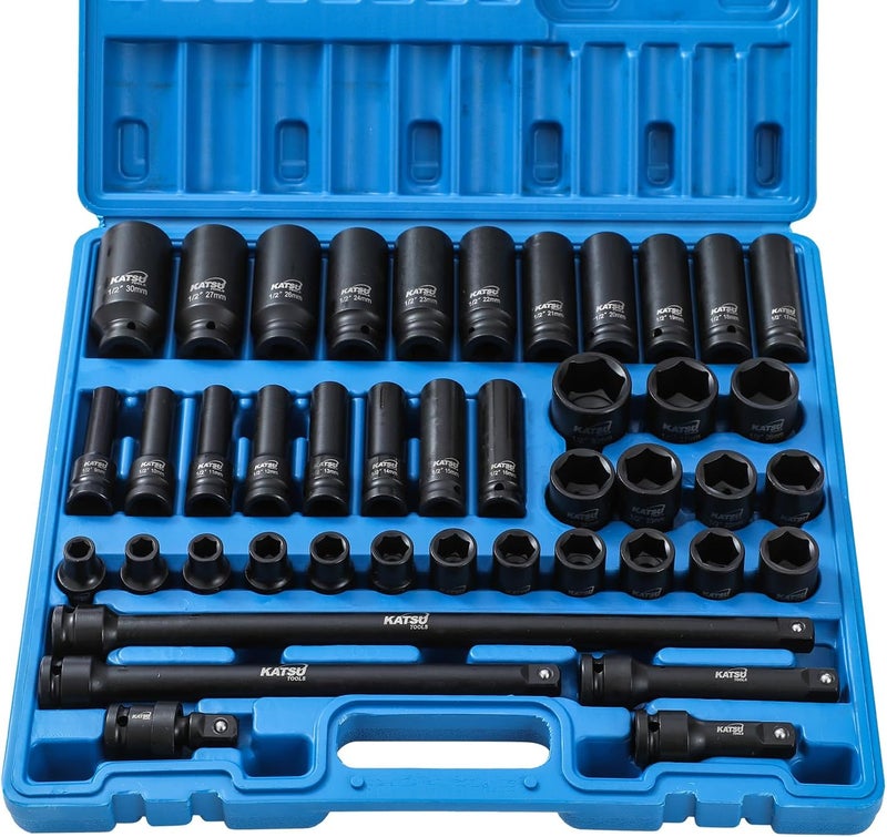 KATSU Tools 43 PCs Heavy Duty Impact Socket Set 1/2" Drive 6-Point 9-30mm - Image 1