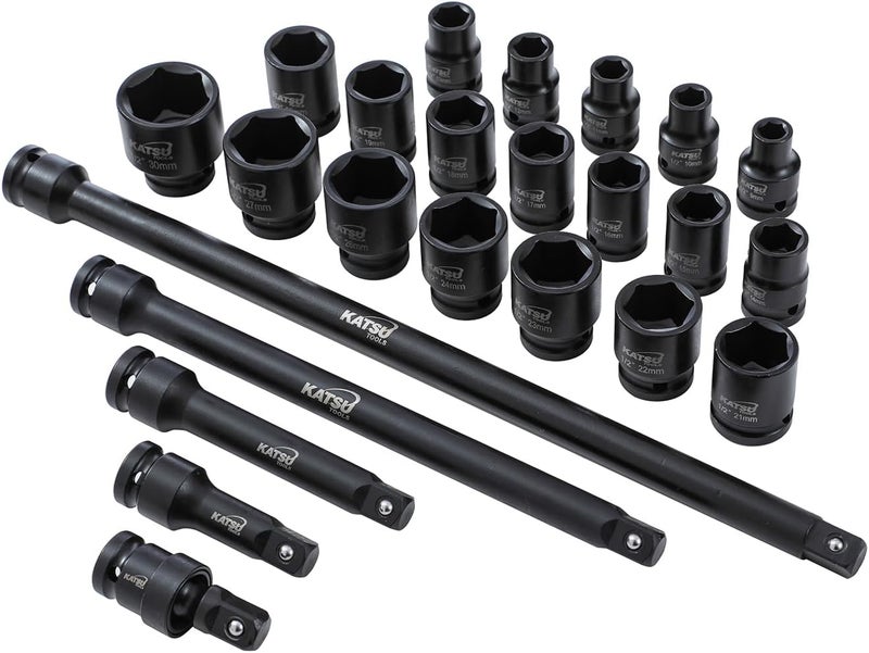 KATSU Tools 43 PCs Heavy Duty Impact Socket Set 1/2" Drive 6-Point 9-30mm - Image 3
