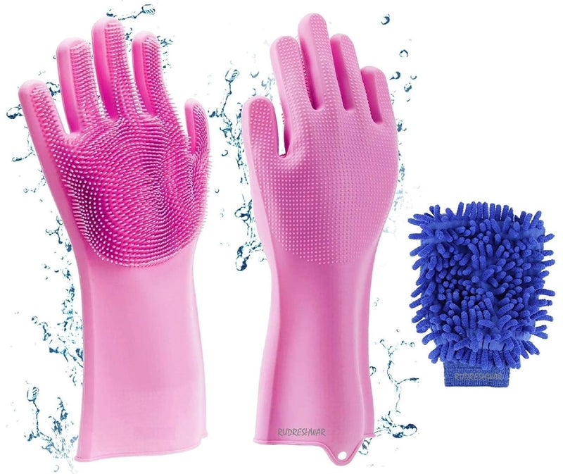 RUDRESHWAR Silicone Washing Gloves With Scrubber 1 Pair Microfiber Duster Cleaning dust cleaner brush Gloves 1 Pic Multi Color