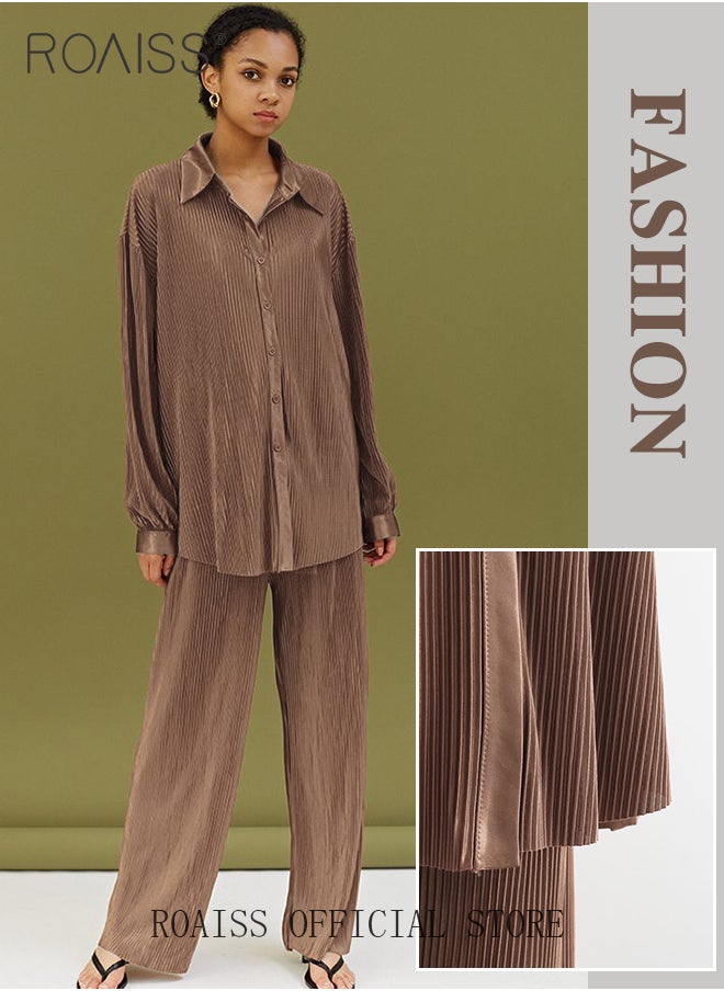 roaiss - 2 Piece Stretch Fabric Women Casual Suit Long Sleeved Shirt and Loose Fitting Trousers Pleating Process Comfortable and Skin-Friendly Fabric Candy Color Matching for Daily Commuting Wear - Image 1