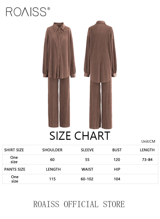 roaiss - 2 Piece Stretch Fabric Women Casual Suit Long Sleeved Shirt and Loose Fitting Trousers Pleating Process Comfortable and Skin-Friendly Fabric Candy Color Matching for Daily Commuting Wear - Image 1