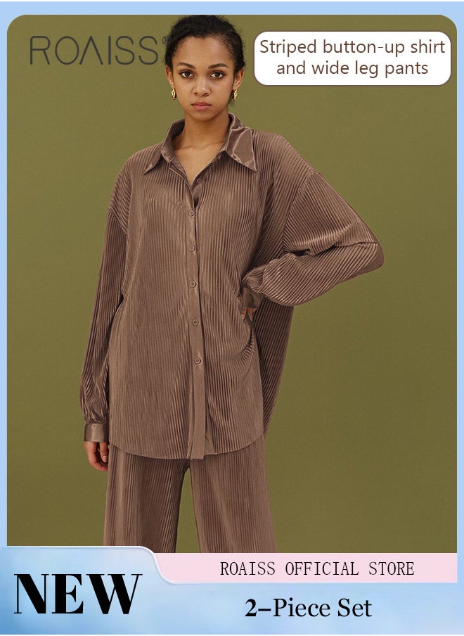 roaiss - 2 Piece Stretch Fabric Women Casual Suit Long Sleeved Shirt and Loose Fitting Trousers Pleating Process Comfortable and Skin-Friendly Fabric Candy Color Matching for Daily Commuting Wear - Image 1