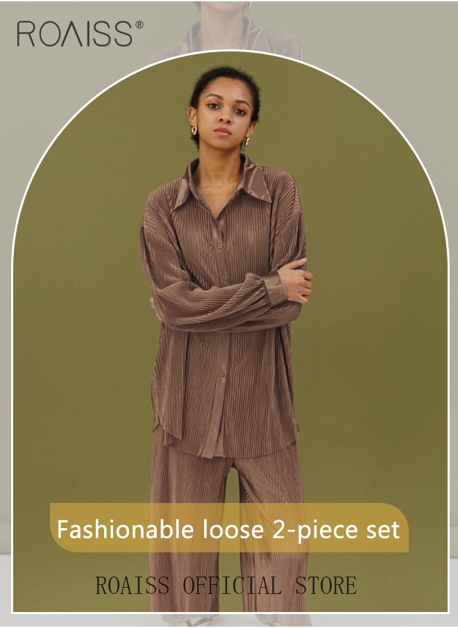 roaiss - 2 Piece Stretch Fabric Women Casual Suit Long Sleeved Shirt and Loose Fitting Trousers Pleating Process Comfortable and Skin-Friendly Fabric Candy Color Matching for Daily Commuting Wear - Image 1