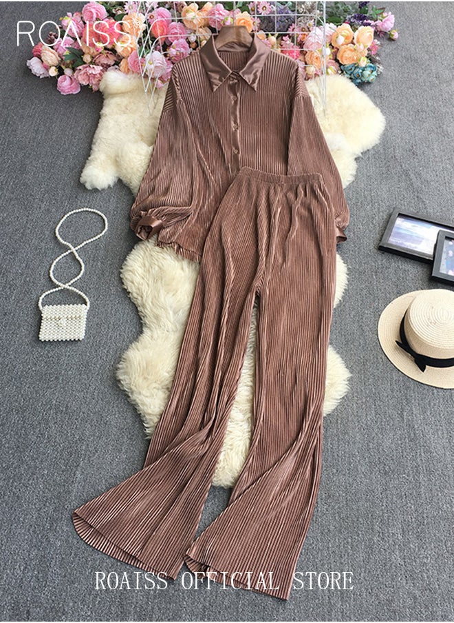 roaiss - 2 Piece Stretch Fabric Women Casual Suit Long Sleeved Shirt and Loose Fitting Trousers Pleating Process Comfortable and Skin-Friendly Fabric Candy Color Matching for Daily Commuting Wear - Image 1