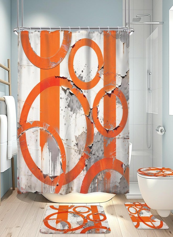 LGhtyro 4PCS Abstract Geometric Circle 71Wx71H Inches Orange and Grey Shower Curtain Sets with Rugs, Toilet Lid Cover and Bath Mat, Aesthetic Women Bath Accessories Art Home Decor Fabric 12 Pack Hooks - Image 4