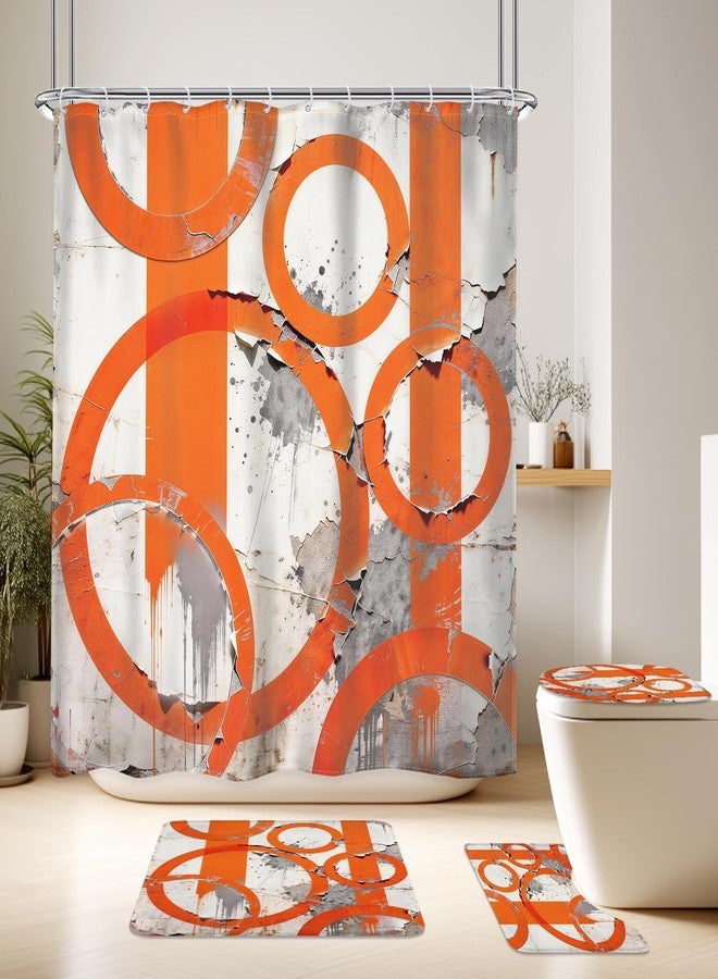 LGhtyro 4PCS Abstract Geometric Circle 71Wx71H Inches Orange and Grey Shower Curtain Sets with Rugs, Toilet Lid Cover and Bath Mat, Aesthetic Women Bath Accessories Art Home Decor Fabric 12 Pack Hooks - Image 1