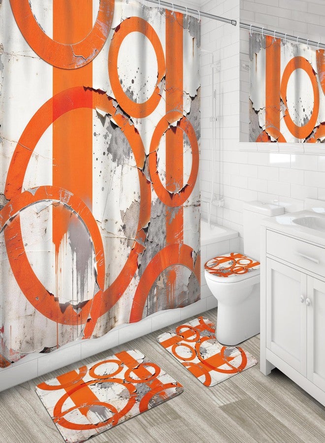 LGhtyro 4PCS Abstract Geometric Circle 71Wx71H Inches Orange and Grey Shower Curtain Sets with Rugs, Toilet Lid Cover and Bath Mat, Aesthetic Women Bath Accessories Art Home Decor Fabric 12 Pack Hooks - Image 3