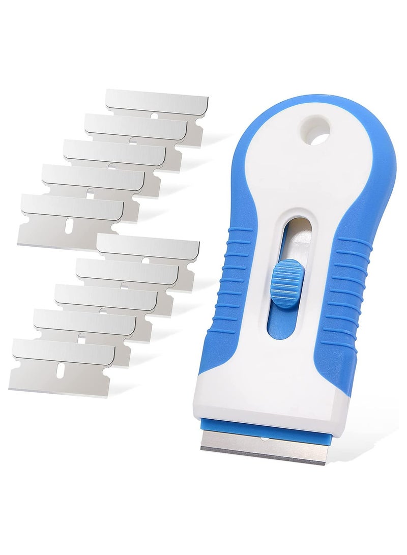 Ceramic Scraper, Ceramic Scraper Car Sticker Remover Glass Stove Top Razor Scraper Label,Glue,Paint,Adhesive Remover Tool + 10pcs Stainless Steel Razor Blades (Blue) - Image 1