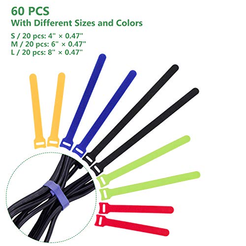 OneLeaf 60 Pcs Reusable Fastening Cable Ties with Hook and Loop, Multi-Purpose Cable Straps Wire Ties Cable Management, Adjustable Cord organizer Ties for Computer/TV/Electronics, 3 Sizes and 5 Colors - Image 2