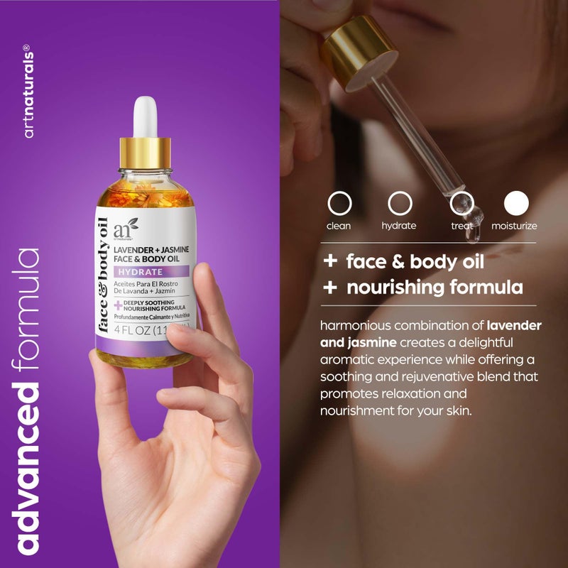 Artnaturals Organic Lavender + Jasmine Face Oil 4.0oz - for Body & Hair - 100% Natural, Moisturize, Rejuvenate & Enhance your skin - Anti-Aging Moisturizer Facial Oil for Fine Lines, Scars & Wrinkles - Image 2