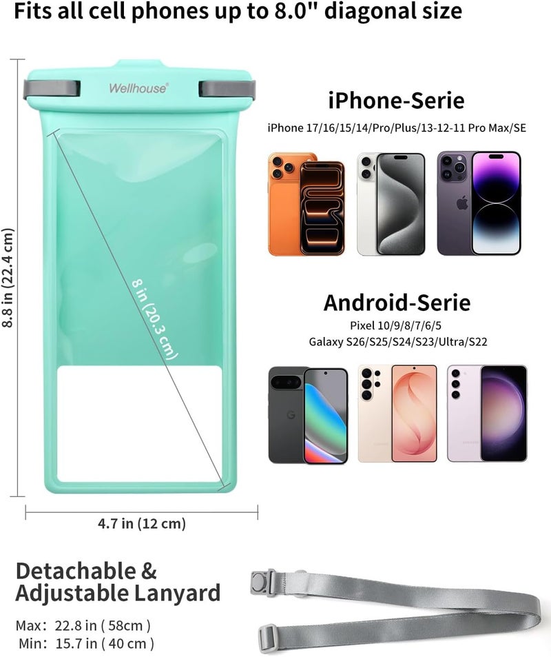 Wellhouse Waterproof Phone Pouch, Waterproof Phone Case for iPhone 16 15 14 13 12 Pro Max XS Samsung, IPX8 3D Cellphone Dry Bag Beach Essentials (1 Pack - Crystal Green8.0, 8 inch) - Image 4