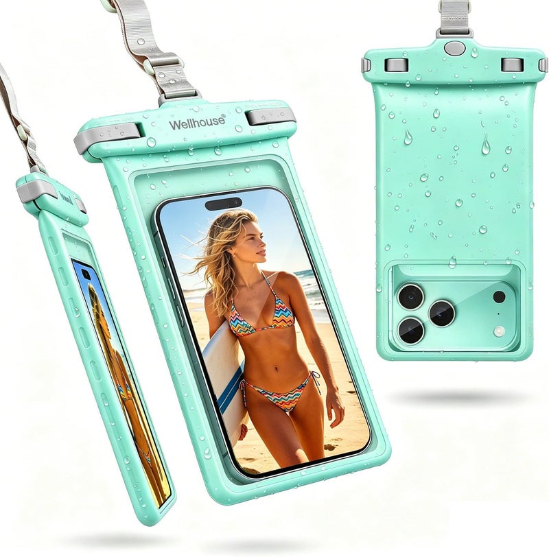 Wellhouse Waterproof Phone Pouch, Waterproof Phone Case for iPhone 16 15 14 13 12 Pro Max XS Samsung, IPX8 3D Cellphone Dry Bag Beach Essentials (1 Pack - Crystal Green8.0, 8 inch) - Image 1