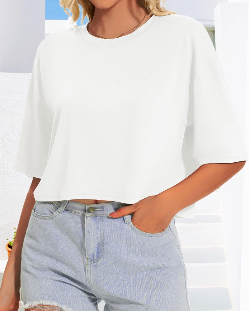 CHICGAL Summer Crop Tops for Womens Casual Half Sleeve Top Loose Fit Short Sleeve T Shirts Workout Oversized Tees(White,M) - Image 5