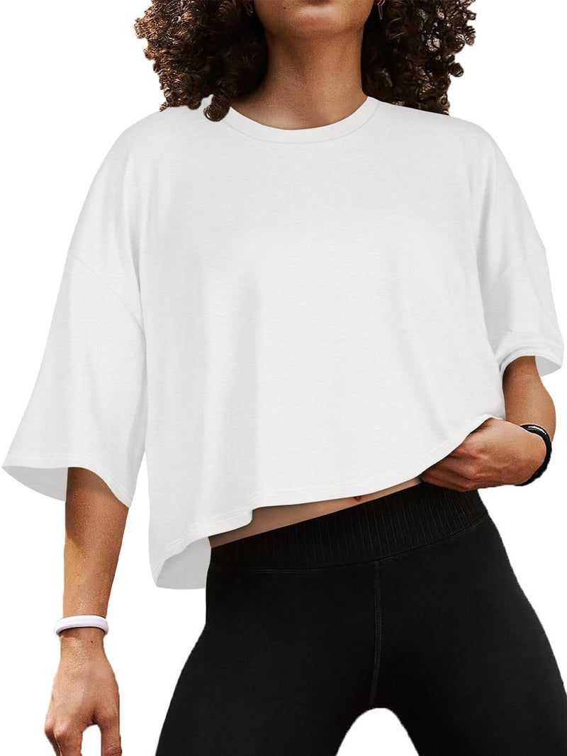 CHICGAL Summer Crop Tops for Womens Casual Half Sleeve Top Loose Fit Short Sleeve T Shirts Workout Oversized Tees(White,M) - Image 1