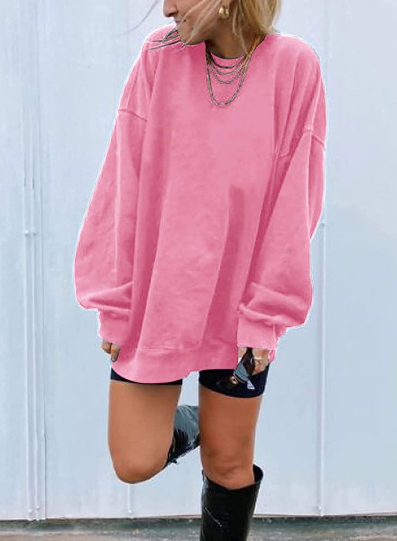 Ebifin Women's Oversized Long Sleeve Sweatshirts Pure Color Round Neck Casual Pullover Shirt Pink - Image 2