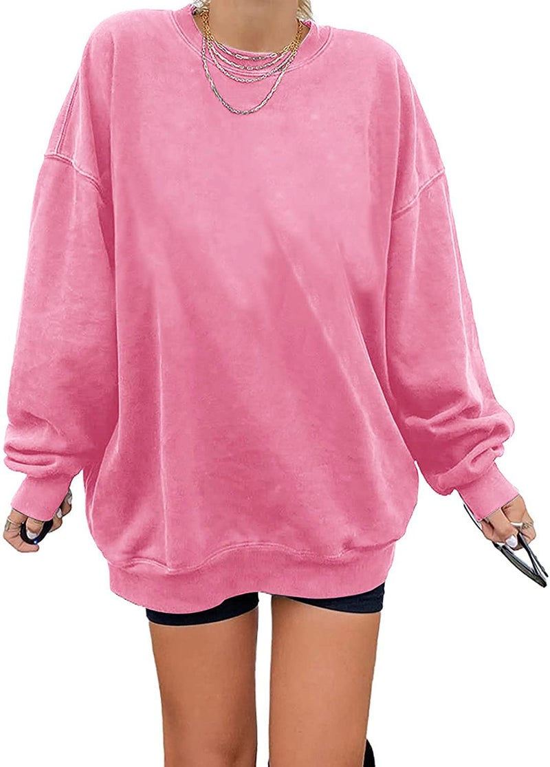 Ebifin Women's Oversized Long Sleeve Sweatshirts Pure Color Round Neck Casual Pullover Shirt Pink - Image 1