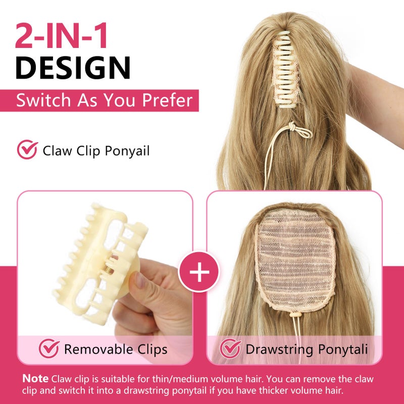 N NAYASA 24''Long Wavy Ponytail Extension, Burgundy Ombre Claw Clip Hair Piece, Long Curly Wavy Wine Red Ponytail Hair Extension Jaw Clip on Pony Tails Hairpiece for Women - Image 2