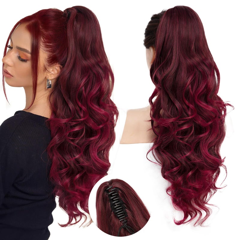 N NAYASA 24''Long Wavy Ponytail Extension, Burgundy Ombre Claw Clip Hair Piece, Long Curly Wavy Wine Red Ponytail Hair Extension Jaw Clip on Pony Tails Hairpiece for Women - Image 1