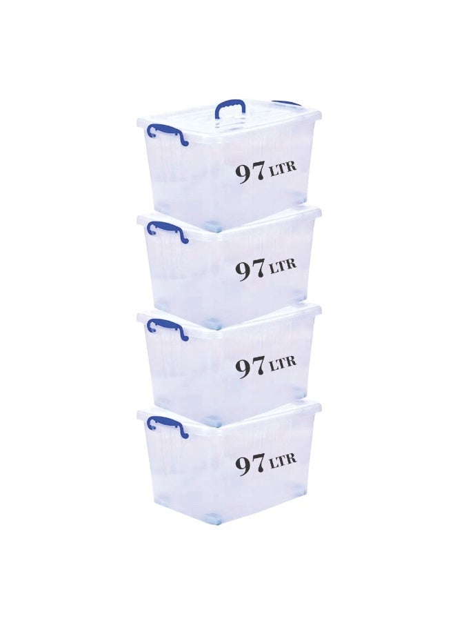 هيواري مجموعة صناديق تخزين بلاستيكية شفافة من HIWARE سعة 97 لترًا، 4 قطع، بأغطية قابلة للقفل | حاويات تنظيم شفافة للملابس والألعاب والأدوات والفنون والحرف اليدوية | حل تخزين قابل للتكديس بمقابض (4 × 97 لترًا) - Image 1