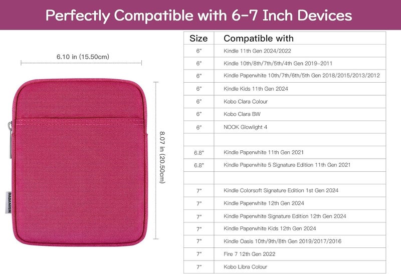 Dadanism 6-7 Inch Padded Sleeve for 7" Kindle Colorsoft Signature Edition and All-New Kindle Paperwhite, Protective Sleeve Pouch Bag Carrying Case for 6" Kindle/Kindle Oasis/Kobo E-Reader, Raspberry - Image 2