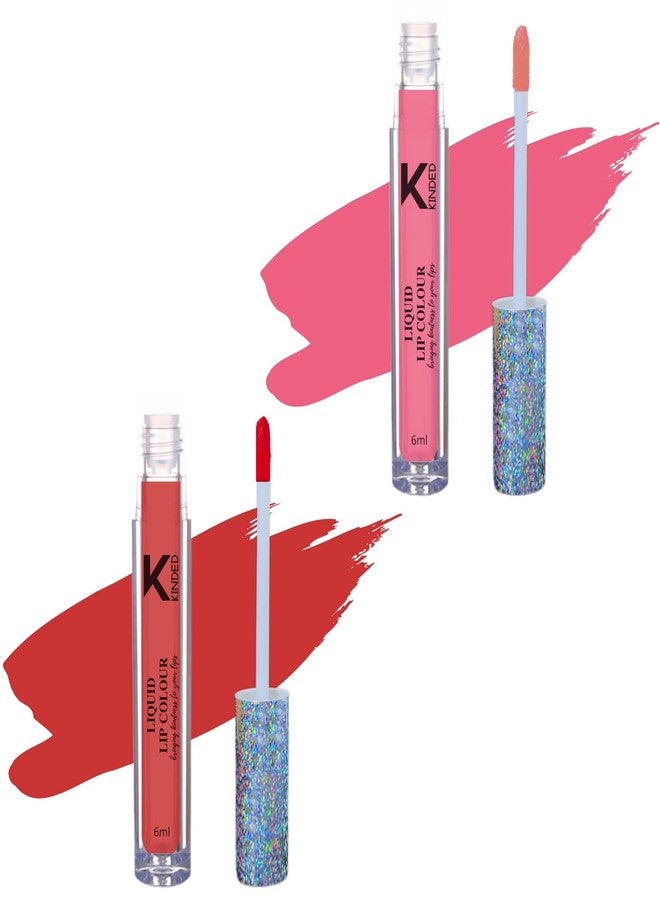 KINDED Liquid Lip Colour Vitamin E Enriched No Transfer Waterproof Long Stay Lipsticks Lip Gloss Set for Girls Women (Pack of 2, 6 ml each, Matte Finish, Shades Pink & Vermilion Red) - Image 1
